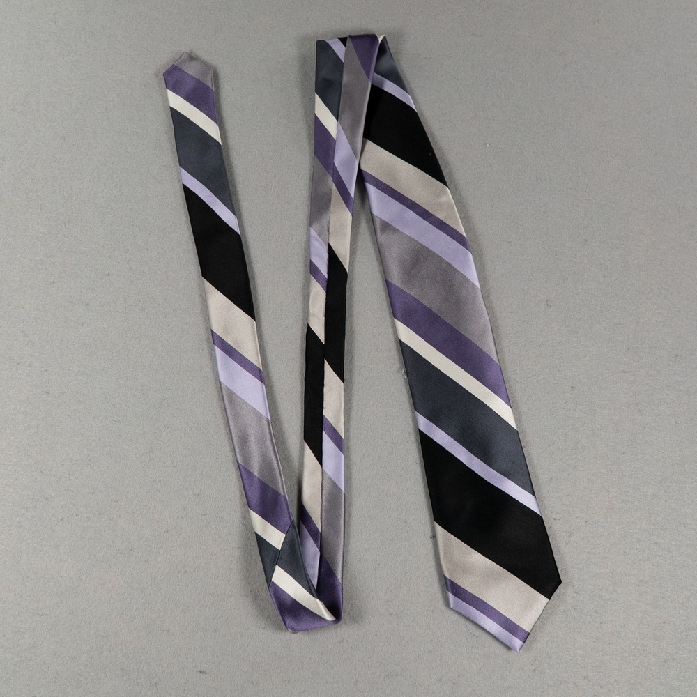 Ted Baker Men Silk Necktie Diagonal Stripe Purple Grey Black White Hand-Tailored